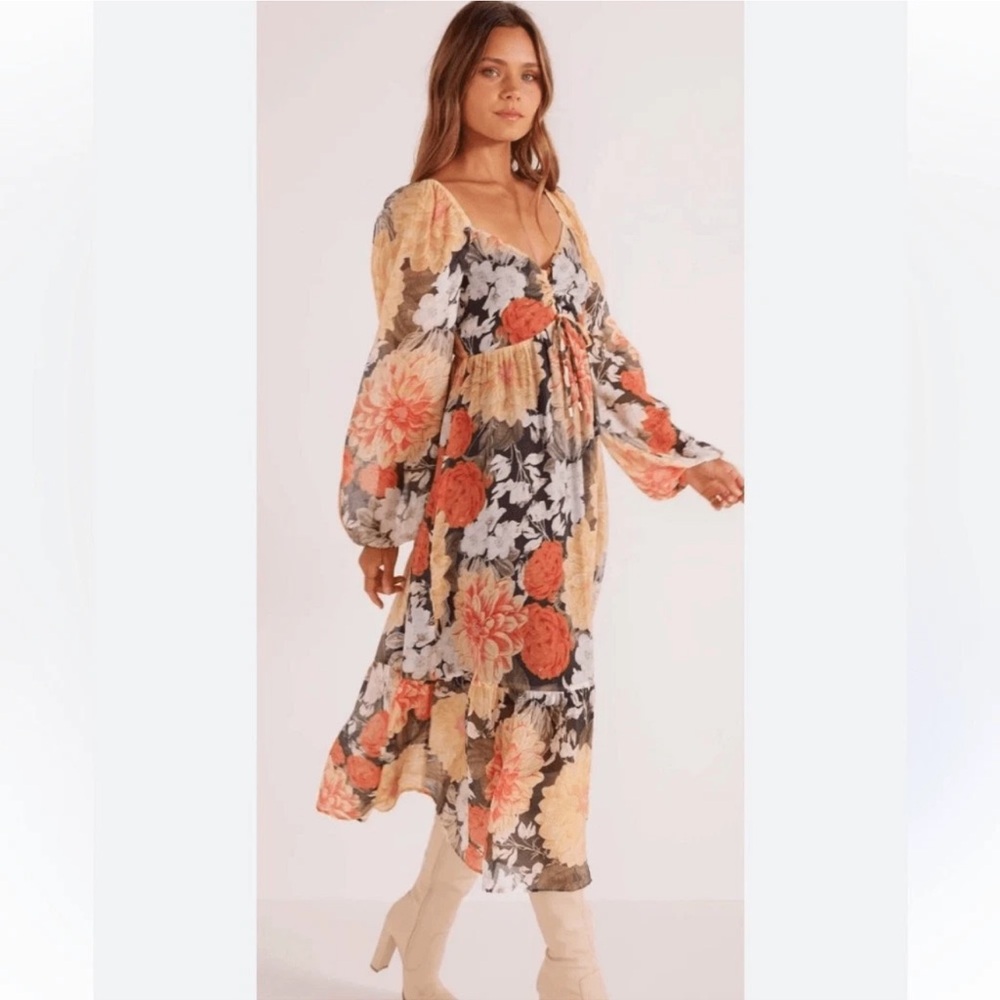 MINKPINK Floral Long Sleeve Maxi Dress in Cream, Coral & Black